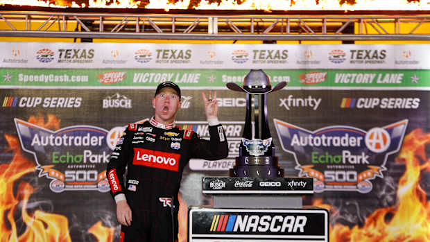Tyler Reddick celebrates in victory lane after winning Sunday's NASCAR Cup Series Auto Trader EchoPark Automotive 500 at Texas Motor Speedway. (Photo by Chris Graythen/Getty Images)